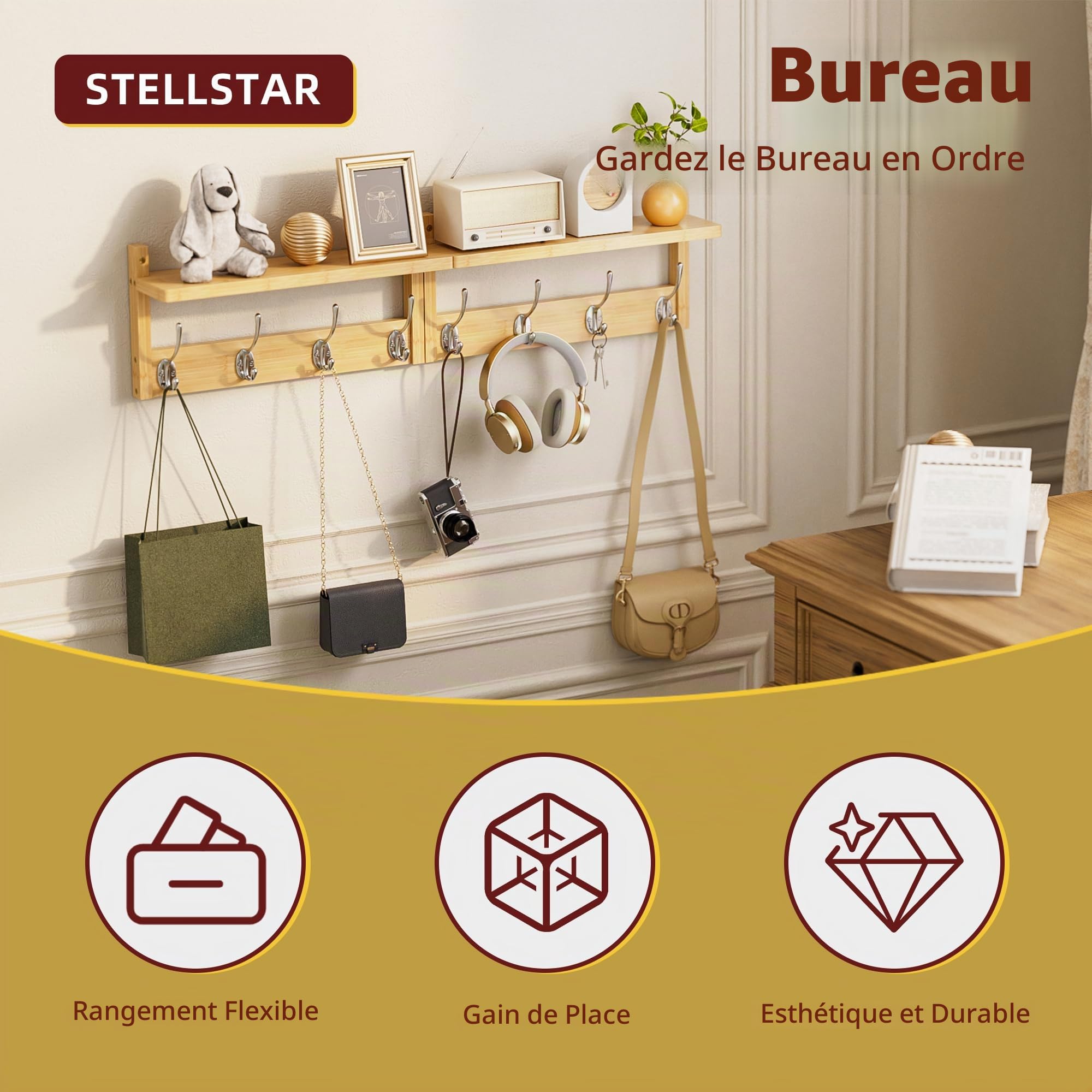 STELLSTAR Porte-Manteau Mural Avec Étagère 80 cm, 2 Paquets de Cintres Muraux en Bambou Avec 8 Crochets Pour l'entrée, le couloir, la cuisine (Naturel)