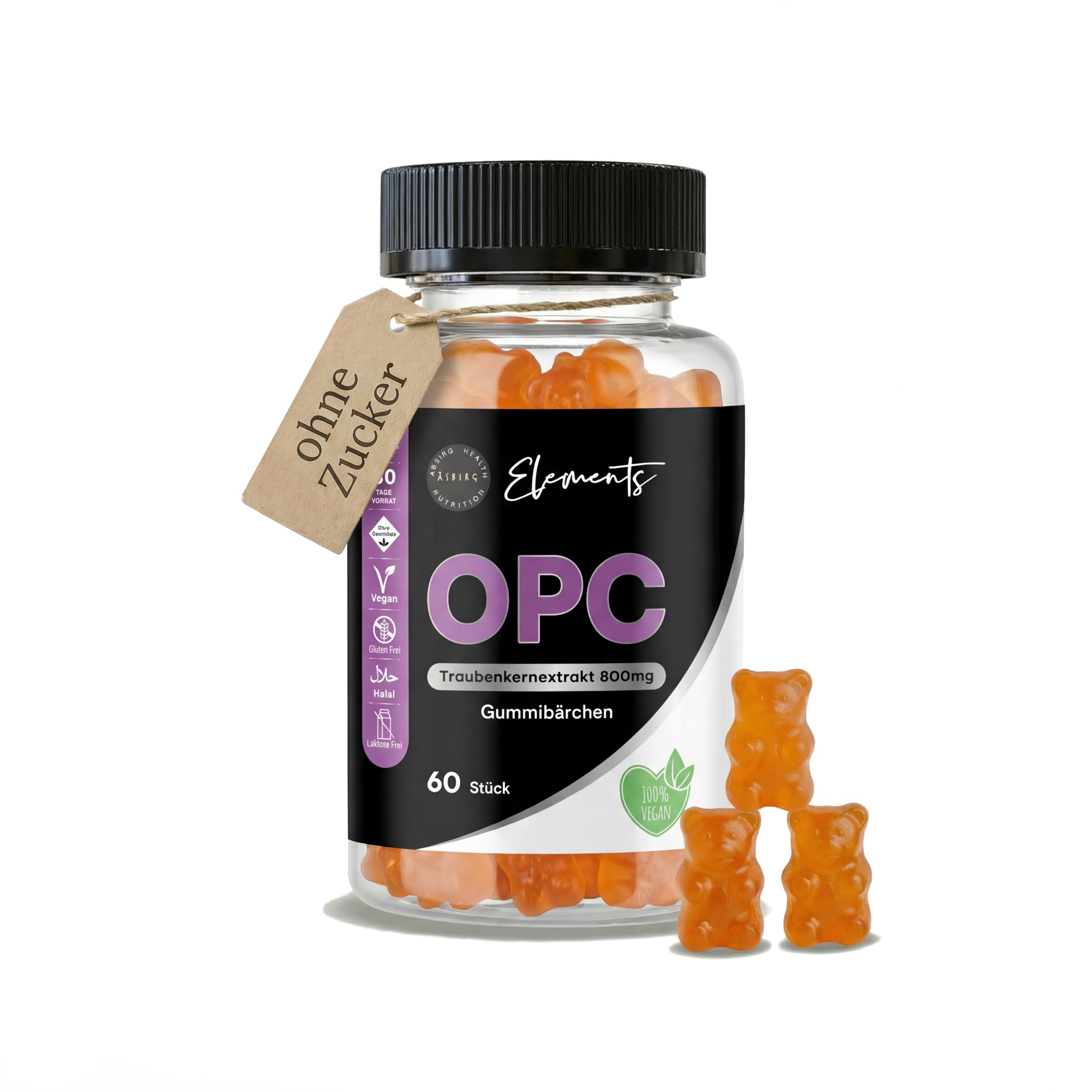 OPC – Traubenkernextrakt 800 mg Gummibärchen mit Vitamin C – 60 Stück – Hochdosiert, Vegan, Glutenfrei, Halal – Antioxidativer Zellschutz & Immunsystem-Unterstützung – Asbirg Elements