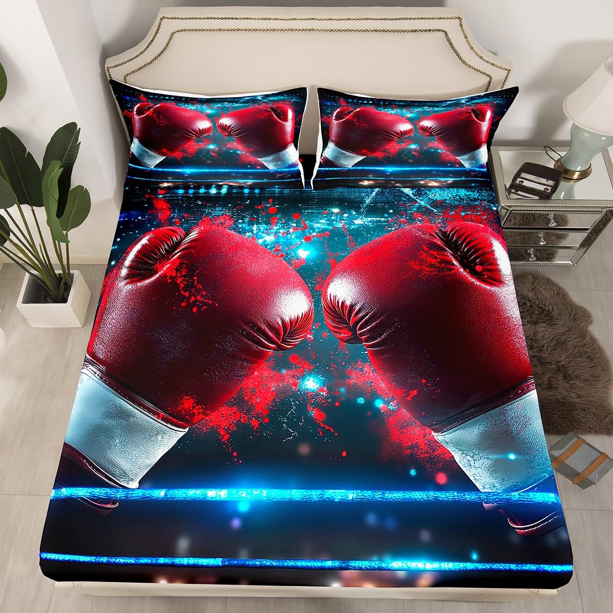 Erosebridal Teens Boxing Bedding Set, Sports Games Bed Sheets Boxing Gloves Fitted Sheet Athlete Silhouette Pattern Sheets Twin for Kids Boys Youth