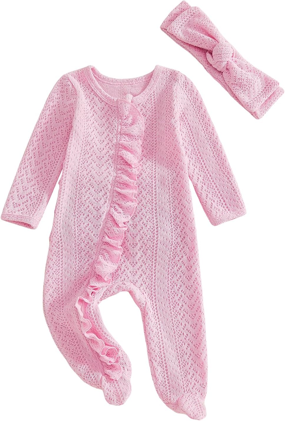 Newborn Baby Girl Outfit Solid Color Long Sleeve Ruffled Trim Zipper Footies Knit Jumpsuit Spring Clothes Headband