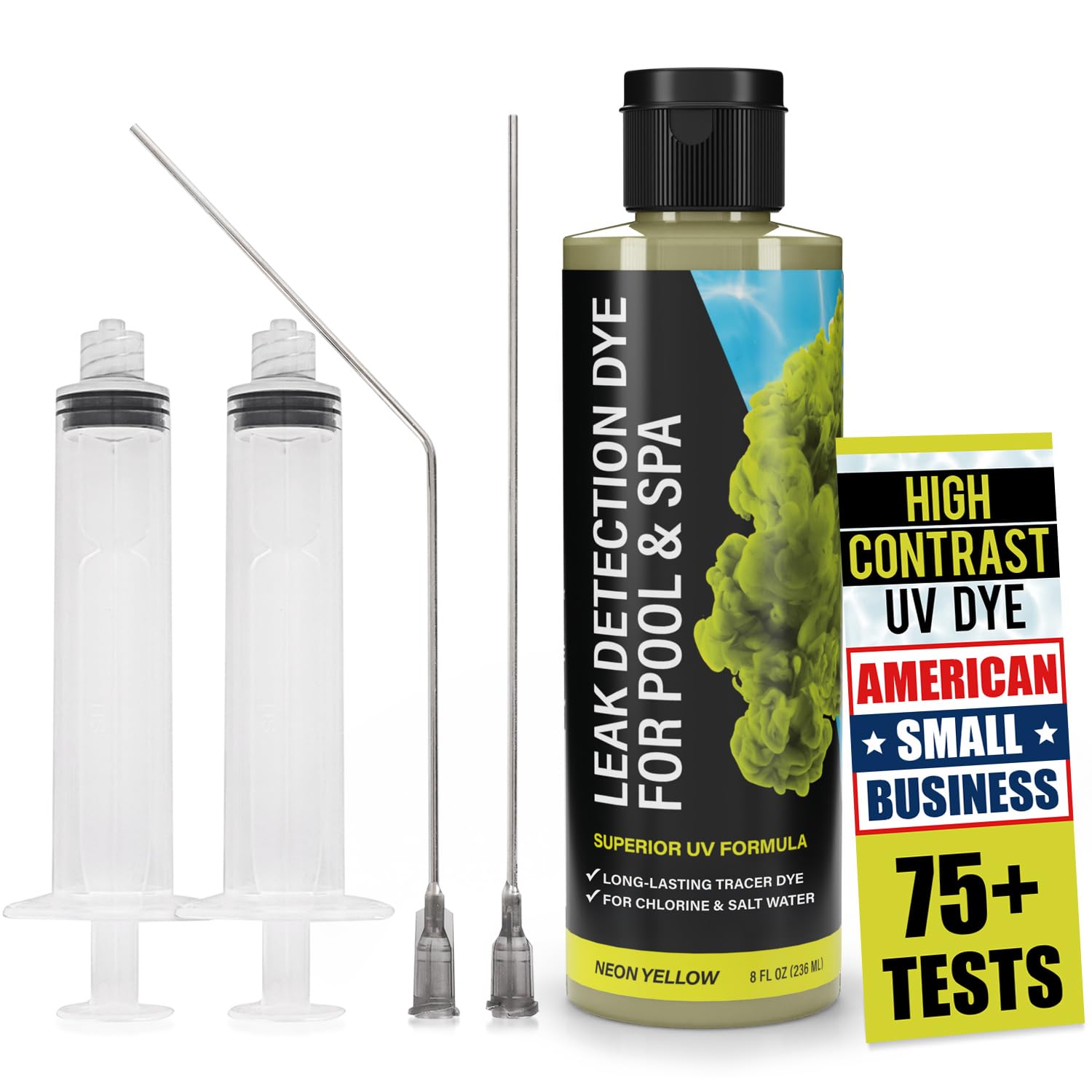 Kit de tinte para detección de fugas de piscina, con 2 aplicadores de precisión, más de 75 pruebas, tinte UV superior de larga duración que localiza fácilmente fugas, para todos los tipos de piscina