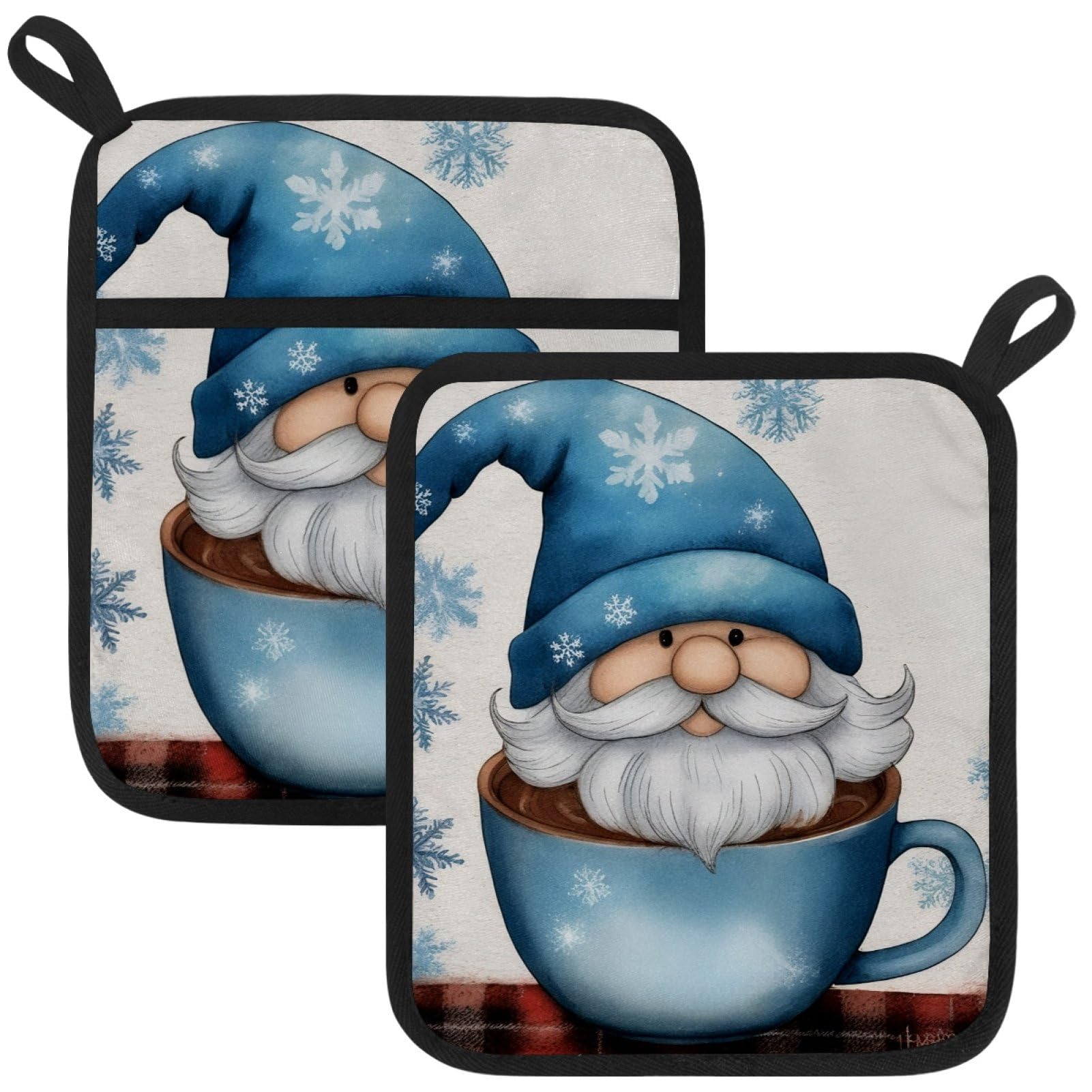 VAPOKF Blue Gnome Pot Holders with Pocket for Kitchen Heat Resistant Potholders Large Polyester-Cotton Square Oven Mitts Set