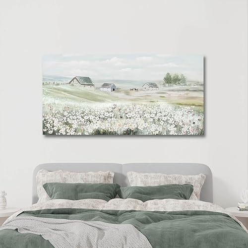 Miniatura 3 de VAYIMDH Arte de pared de granja, pintura de flores blancas, paisajes rústicos, cuadros verdes, decoración de pared de 24 x 48 pulgadas, impresiones