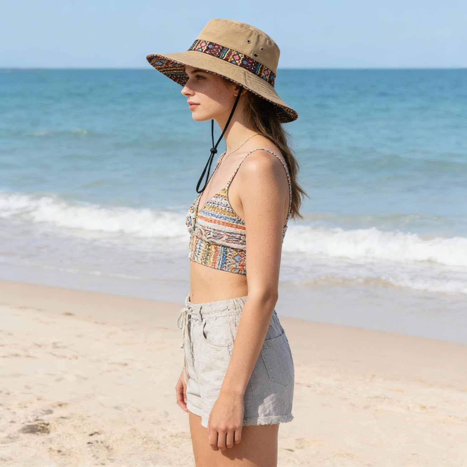 Women's Ethnic Print Fisherman Hat Adjustable Wide Brim UV Sun Hat Essential for Beach Travel Outdoor