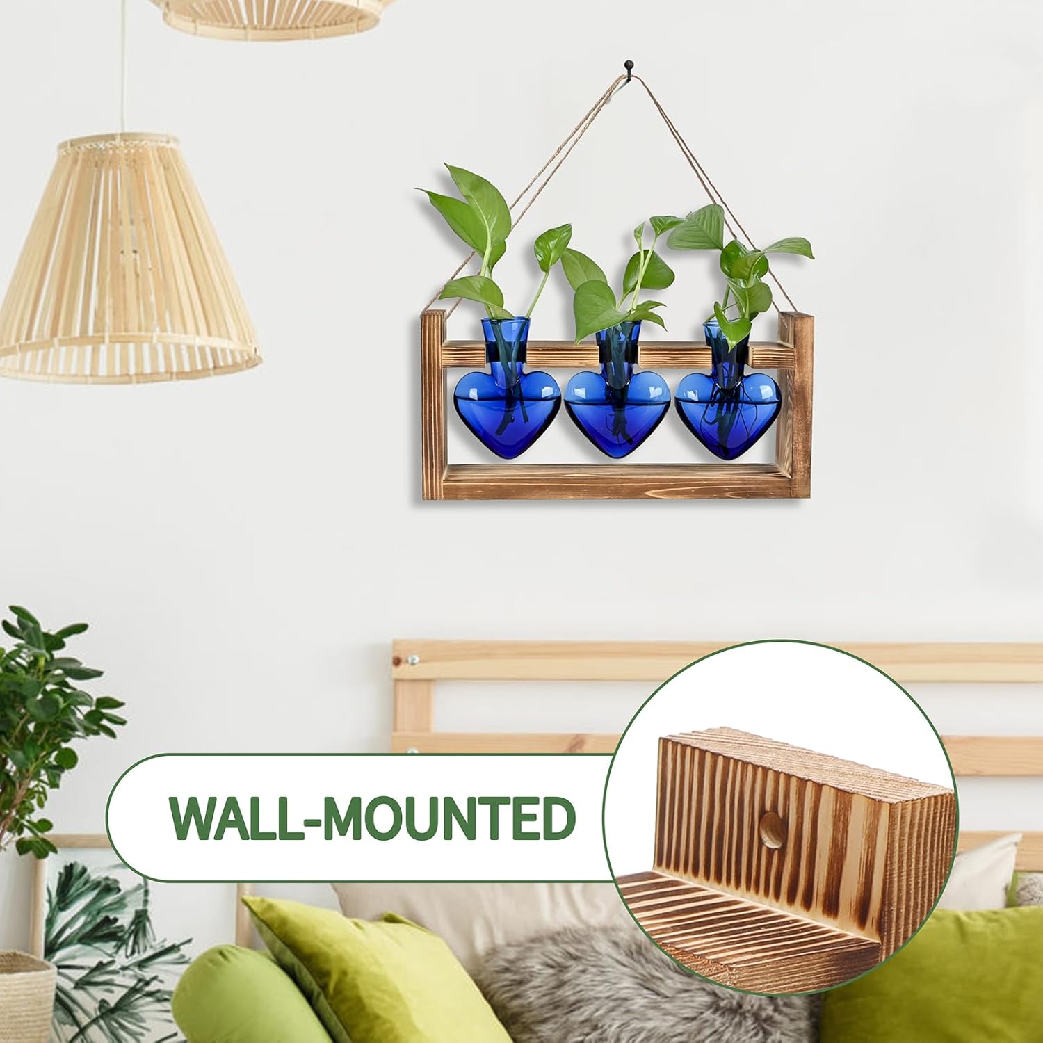Plant Terrarium Propagation Stations Hydroponics Home Garden Decoration Gift for Women with Wooden Stand Heart Shaped Colored Glass Vase - Image 3