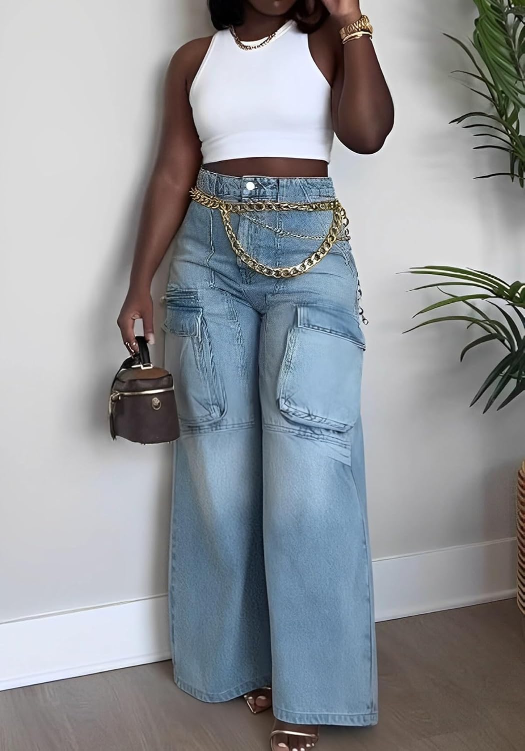 Tbahhir Women’s High Waist Wide Leg Jeans Y2K Baggy Distressed Denim Boyfriend Pants with Functional Pockets Streetwear