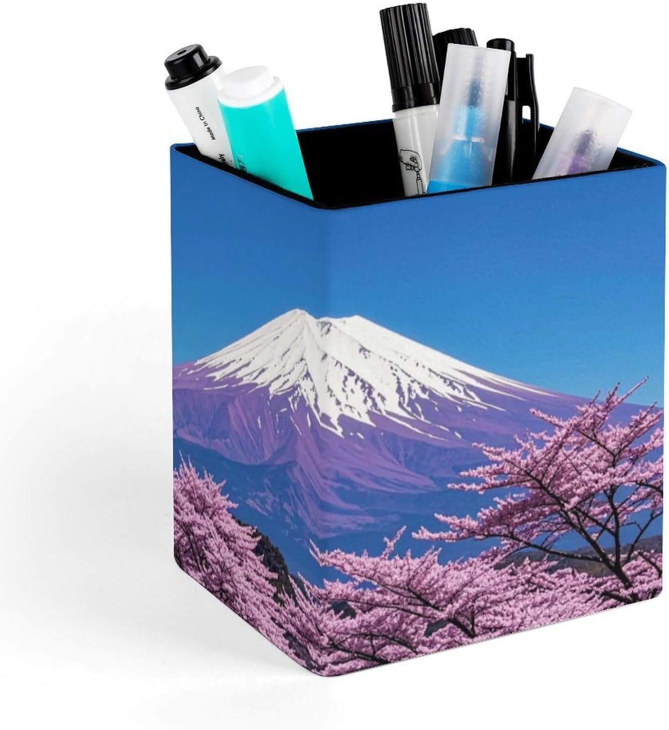 PU Leather Pen Holder Purple Mount Fuji Desk Organizer Storage Cup