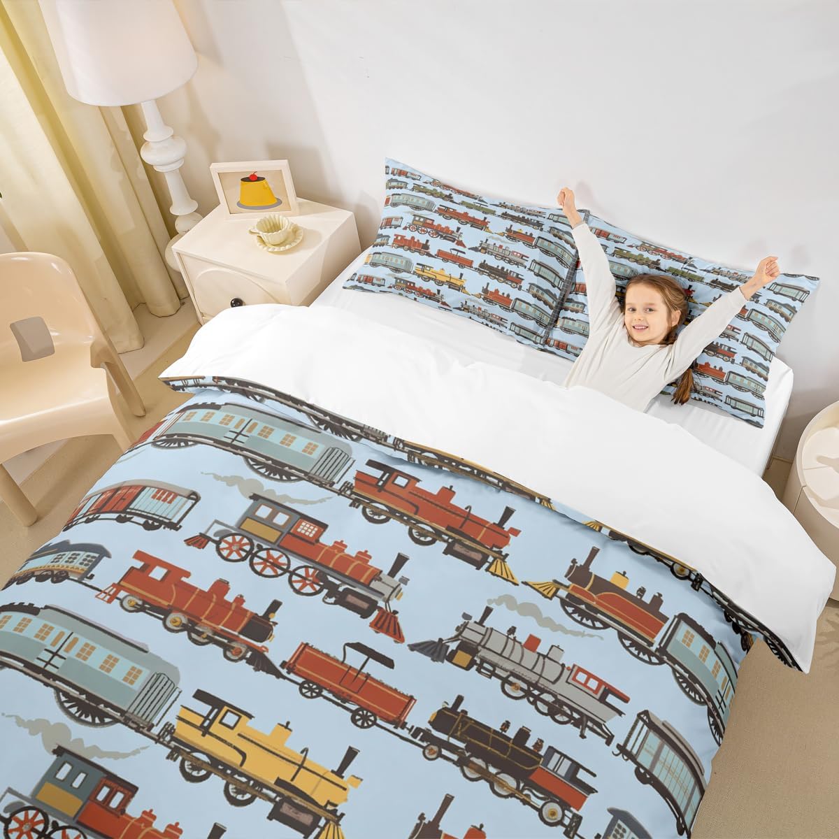 Train Duvet Cover Set King Size,Cartoon Choochoo Steam Engine Train Bedding Set,Boys Girls Room Decor,Railway Transportation Vehicle Comforter Cover,Blue boho Quilt Cover,2 Pillowcases(No Comforter)