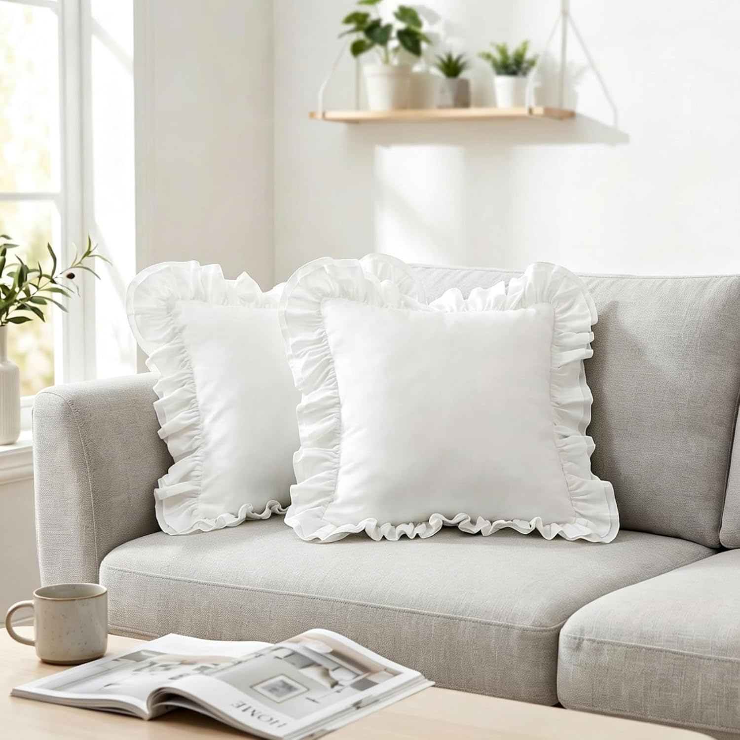 Lemfux White European Pillow Shams Ruffle Pillow Case 18x18 Inches, Set of 2,100% Cotton Ruffle Pillow Shams, Euro Sham Square Cushion Cases Shabby Chic Rustic Vintage Style