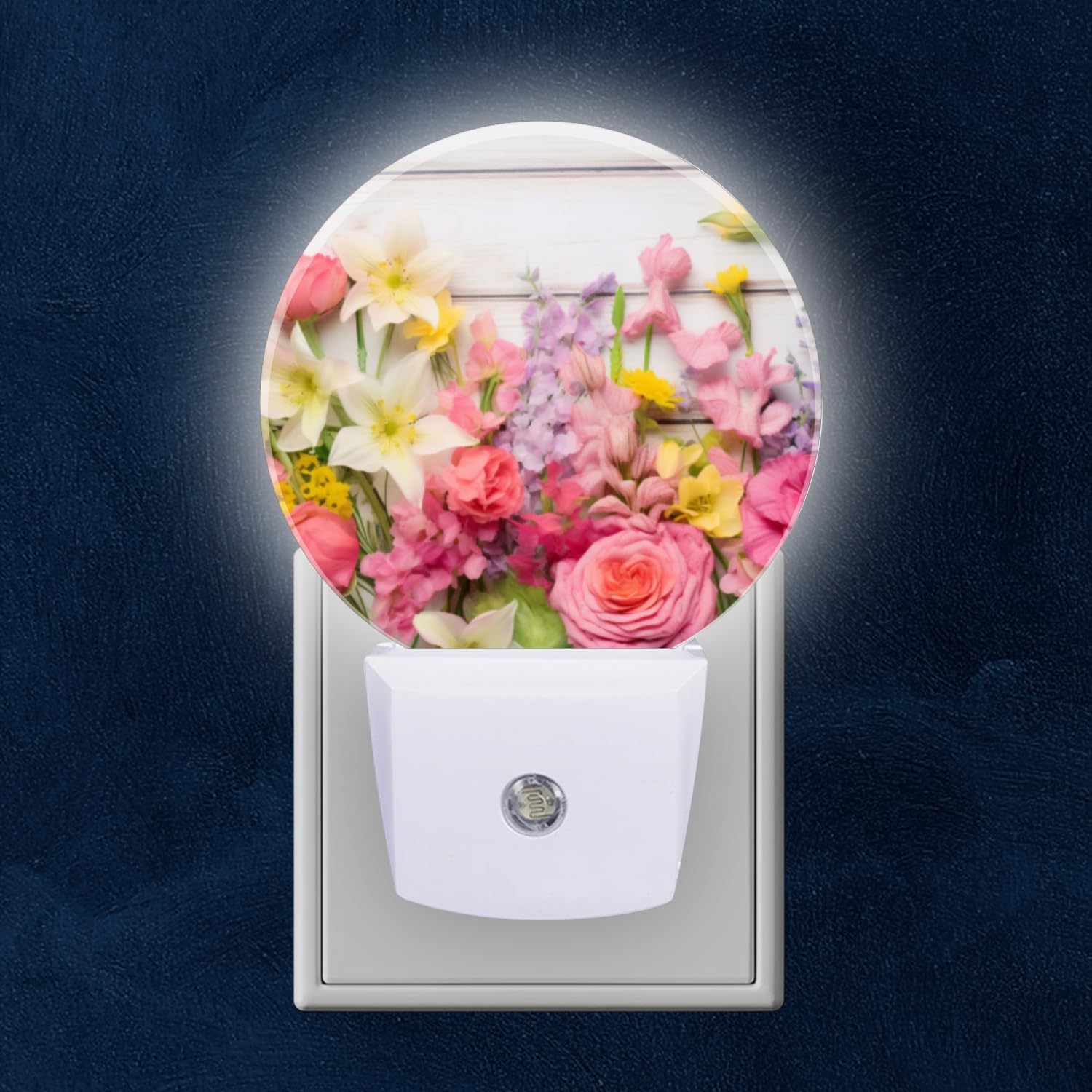 Mearafois Round LED Night Lights Lamp with Dusk to Dawn Sensor Colorful Spring Flowers Including Roses and Tulips