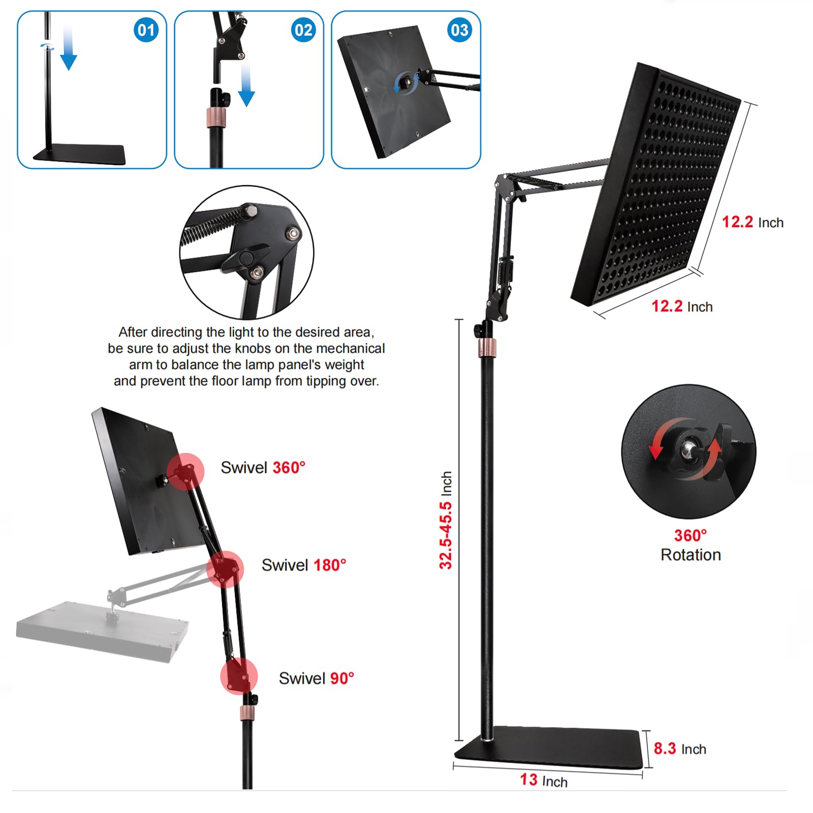 Lampa LED do terapii światłem czerwonym do ciała i twarzy – 660 nm i 850 nm urządzenie do terapii światłem bliskiej podczerwieni ze stojakiem, pilotem zdalnego sterowania, timer 10-60 minut, 5