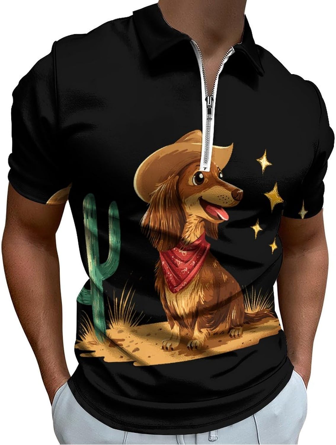 Cowboys Dachshund Polo Shirts for Men Short Sleeve Athletic Golf Tees Tops | Casual Summer Zippered V Neck Mens T-shirts Sports Quick Dry Tennis