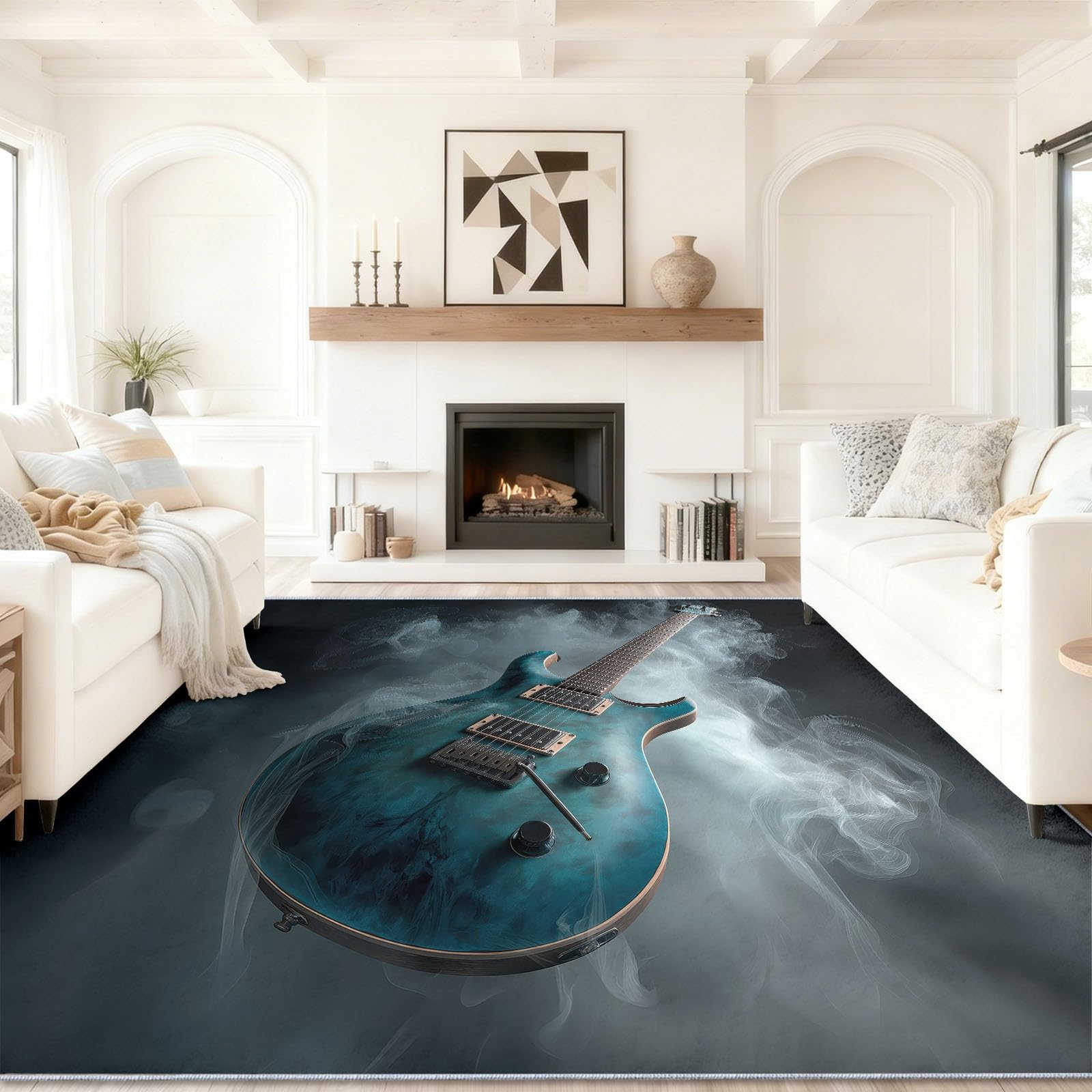 Tapis pour salon 60x90 cm imprimé guitare électrique gris fumée