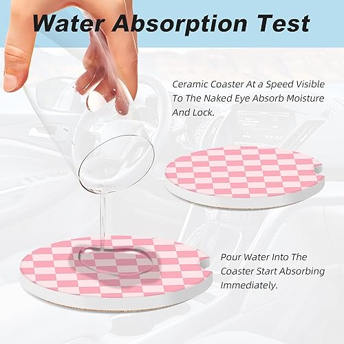 Miniatura 5 de Posavasos de automóvil a cuadros rosados para portavasos de automóvil, paquete de 2 posavasos de automóvil para automóvil, posavasos absorbentes de