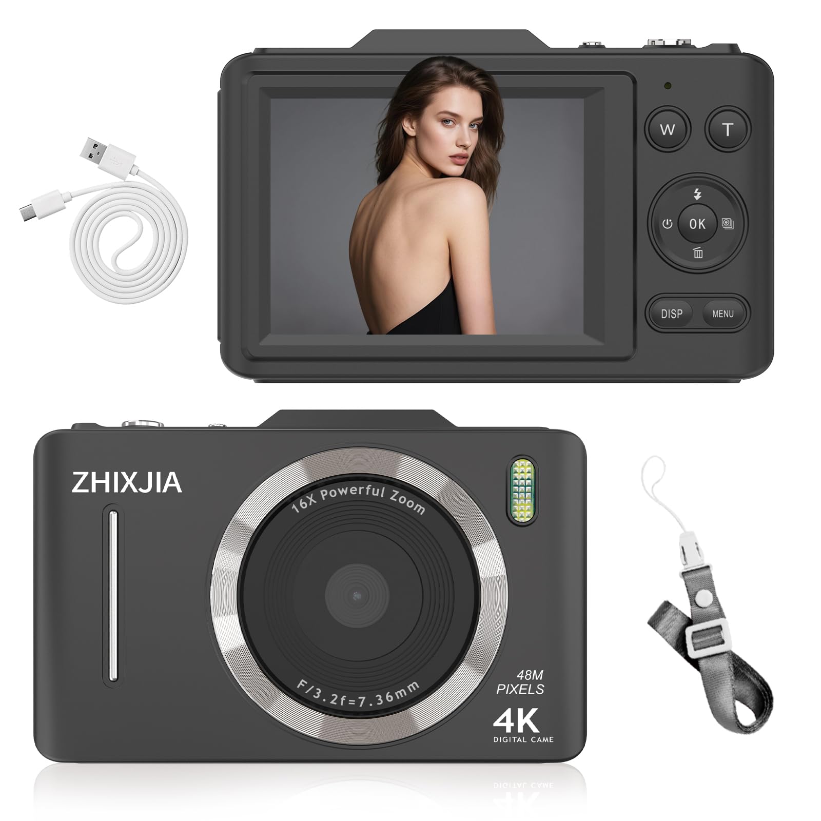 Digital Camera 4K Autofocus 48MP Vlogging Point and Shoot Cameras Video Kids with 16X Zoom, 64GB TF Card, 2.8" Screen for Photography Anti Shake Flash, Portable Compact Camera Beginner Student, Black