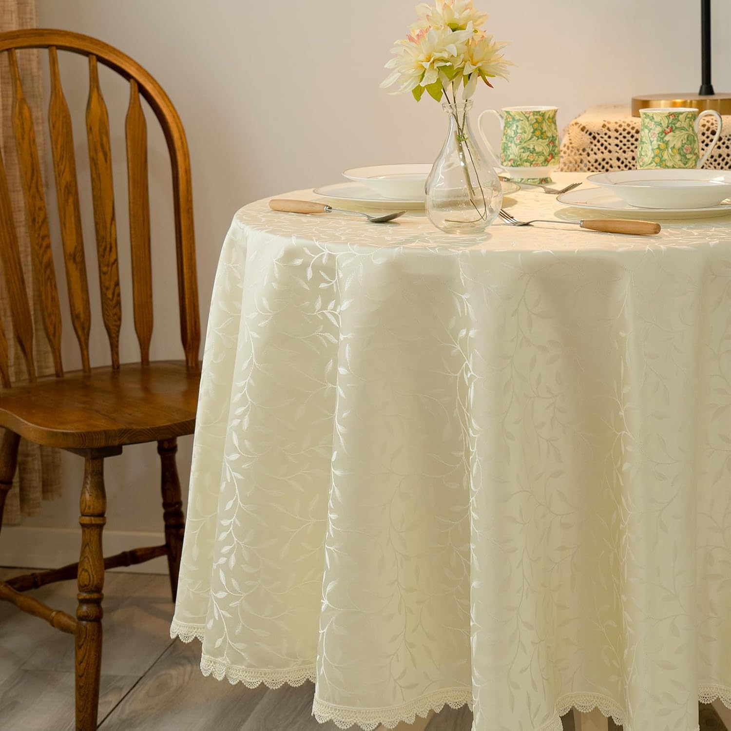 GLORY SEASON Textured Tablecloth Waterproof Spillproof Lace Trim Round Jacquard Fabric Table Cloth, Kitchen Dinning Tabletop Decoration,Oblong Table Cover for Indoor and Outdoor Use,Beige 70 Inch