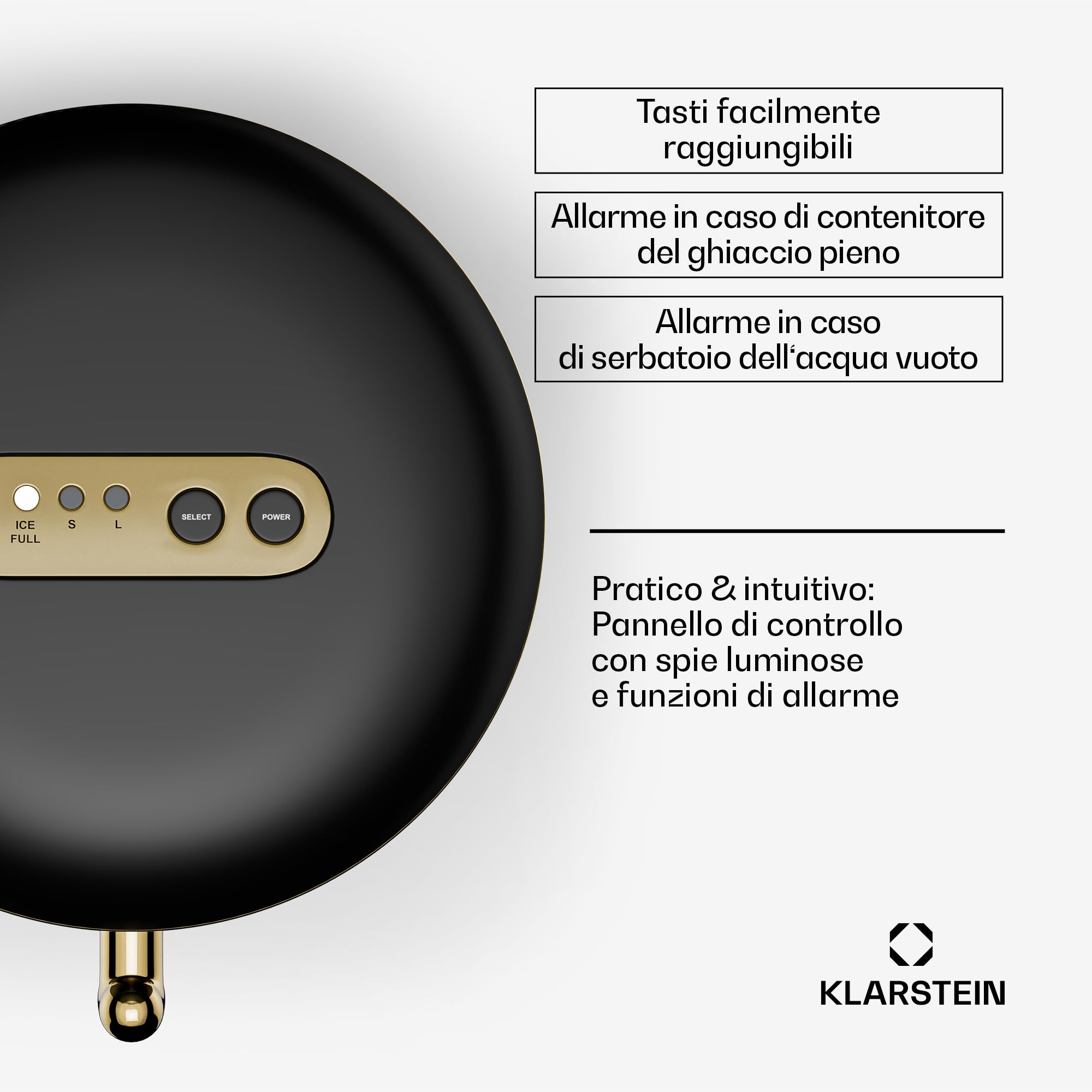 KLARSTEIN Macchina Ghiaccio 2.3L,Macchina del Ghiaccio Professionale,Fabbricatore Ghiaccio Secco fino a 15kg,Cubetti di Grandi e Piccole Dimensioni,Macchina Ghiaccio Casa Autopulente,Ice Maker,Oro