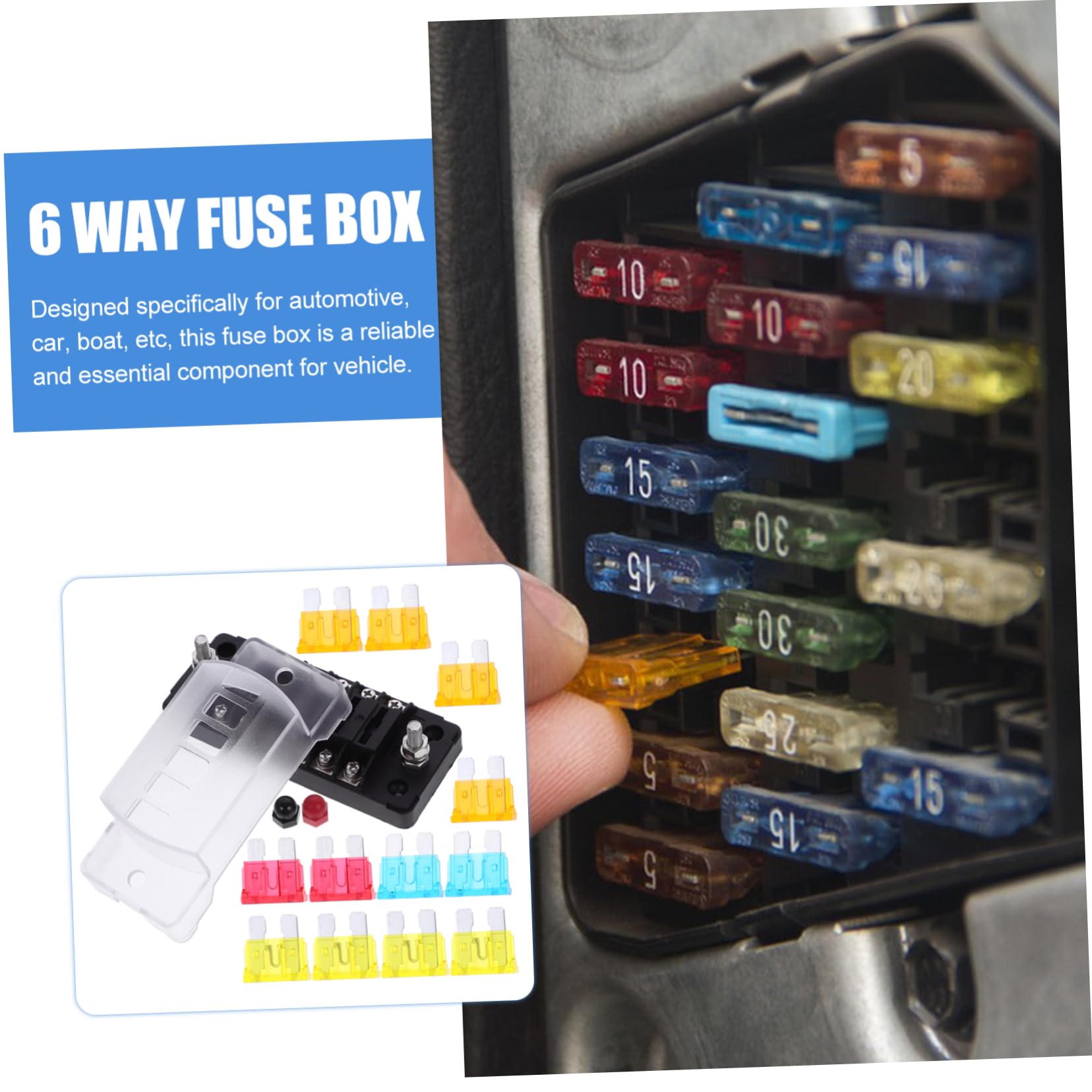 Boîte à Fusibles à 6 Voies 1 Set, Pa66 et Pc, Noir | 12-32 V, 75 A Entrée et 20 A par Circuit, Plaques Autocollantes Incluses