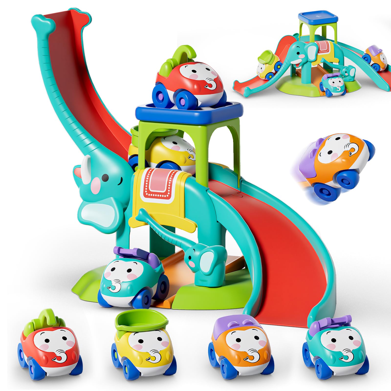 Lehoo Castle Juguete para niños a partir de 1 año, juguete Montessori 2 años, juguete para coche con estacionamiento y tobogán, juguete educativo regalo para niños de 1 a 3 años (elefante)