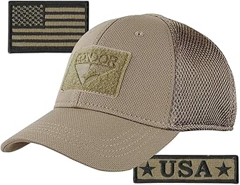 Condor MESH Fitted Tactical Cap Bundle - U.S.A. & USA Flag Patch - Choose Size