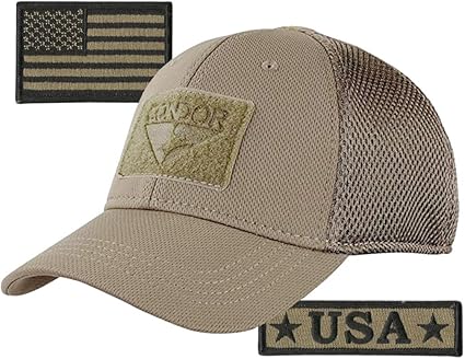 Condor MESH Fitted Tactical Cap Bundle - U.S.A. & USA Flag Patch - Choose Size