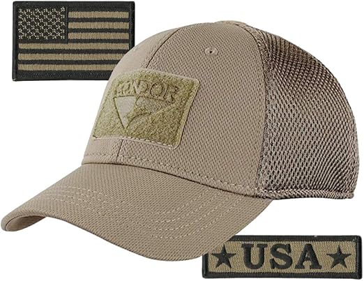 Condor MESH Fitted Tactical Cap Bundle - U.S.A. & USA Flag Patch - Choose Size