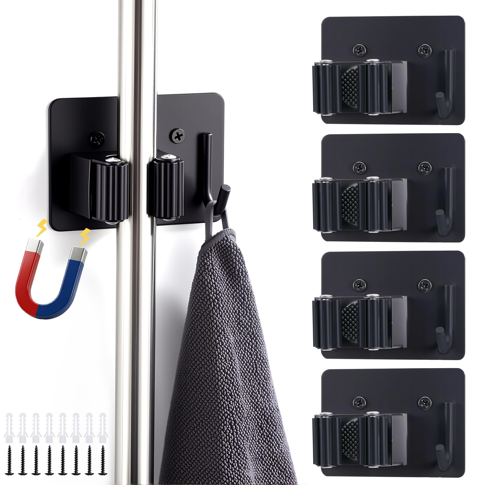 GWHOLE 4 PCS Magnetic Broom Holder Wall Mounted, Heavy Duty Mop and Broom Holder for Utility Room Storage, Magnetic and Screw Installation for Laundry Room Garage Garden