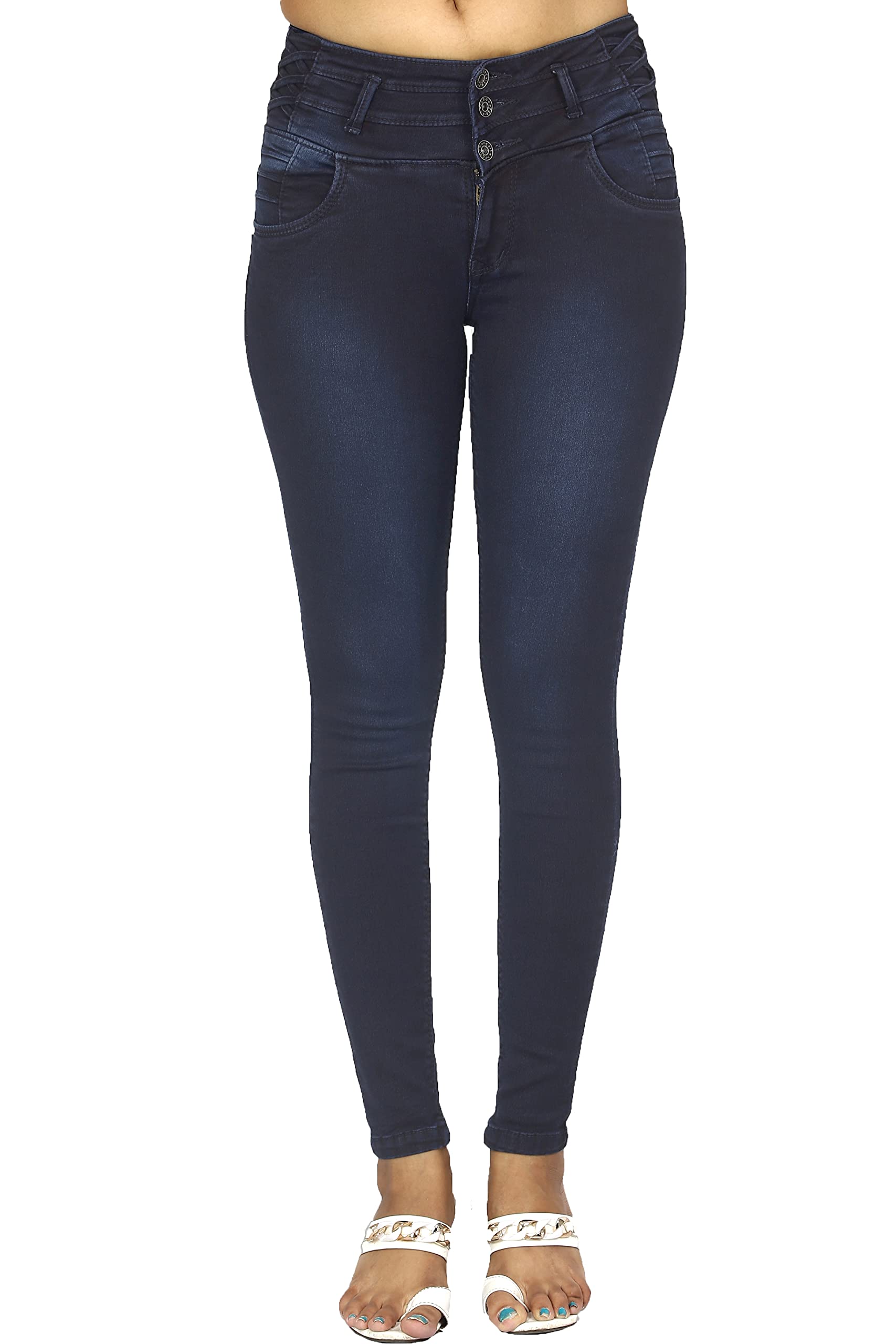 FCK-3Silky Stretchable Hosiery Denim Killer Blue Color Ankle Length 3 Buttons Broad Waist Band Embroidered Jeans Pant for Women (Size-28)