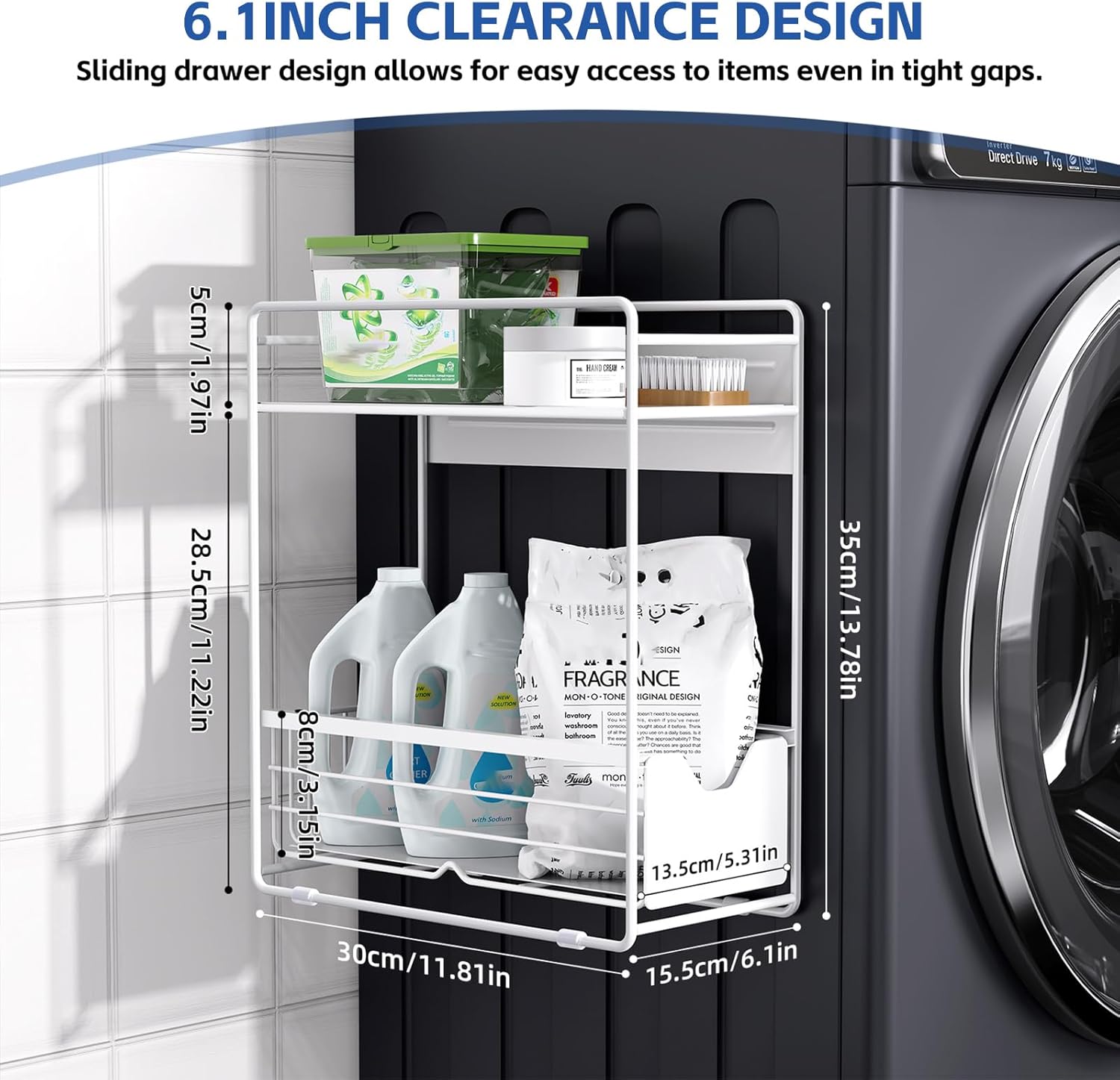 2 Tier Magnetic Shelves for Washing Machine with Pull Out Metal Drawer,Magnetic Spice Rack for Fridge,Magnetic Rack with no Installation, Versatile Storage Organizers for Home (White, 2 Tier)