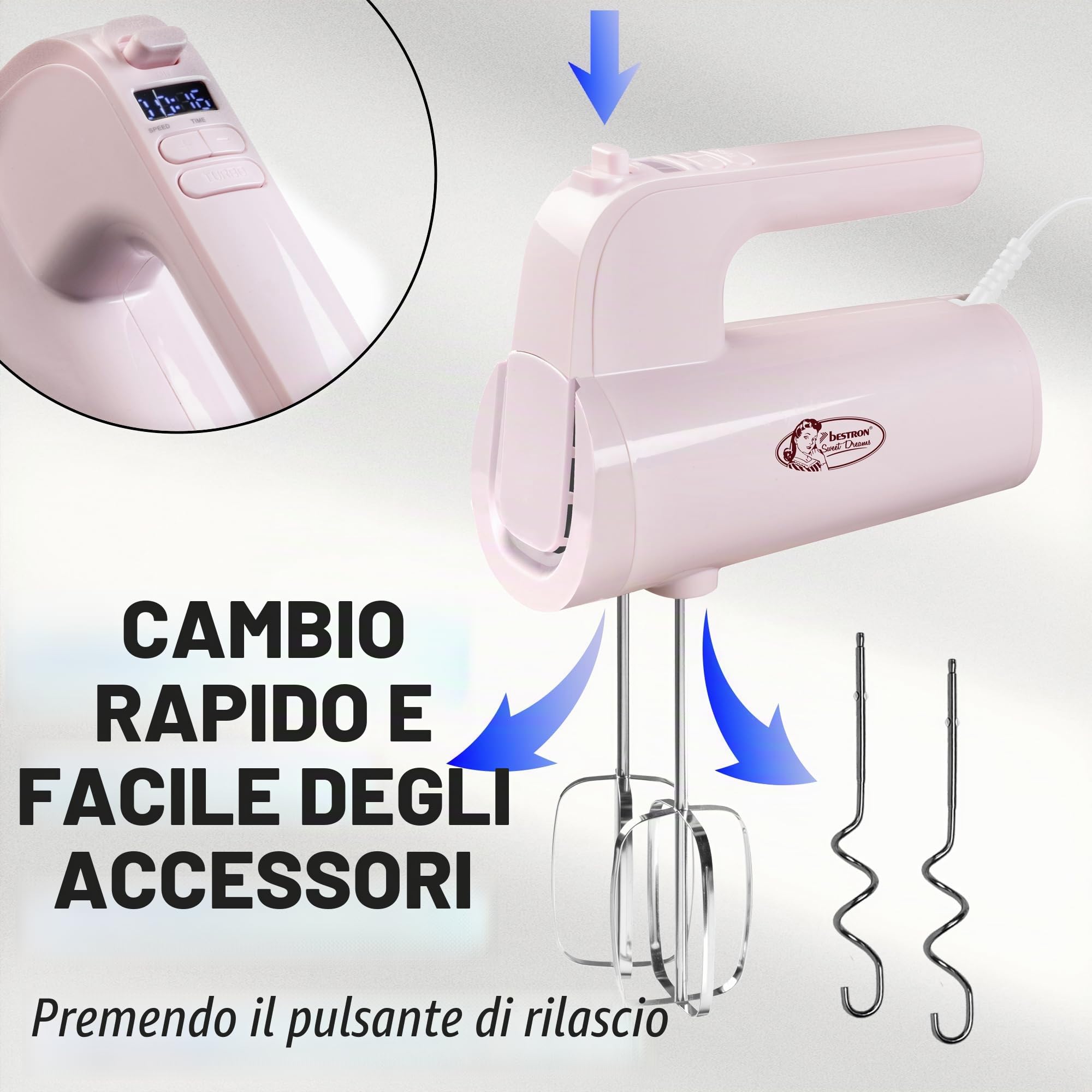 Bestron Power - Frullatore manuale a 6 livelli, funzione turbo e display LCD, con 2 fruste e 2 ganci per impastare, peso leggero di 1 kg, colore: Rosa