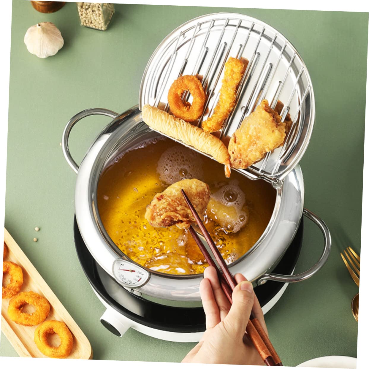 SOLUSTRE Fryer with Oil Drainer Tempura Pot for Gas Electric Stovetops Detachable Design for Easy Cleaning Includes Filter for Grease Reduction