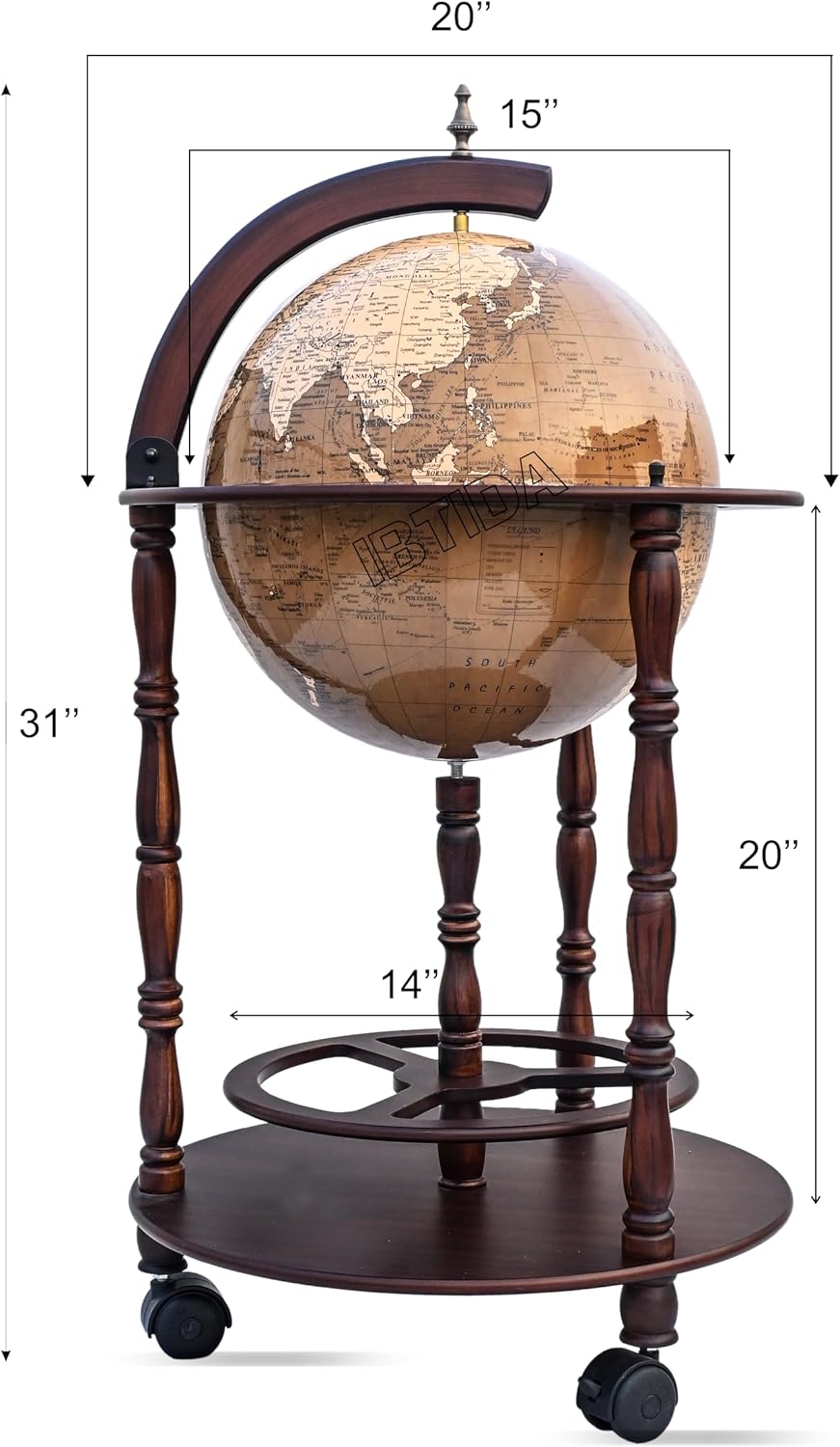 Globe Bar, 20” Wine Bar Wooden Stand Globe Wine Cart Liquor Bottle Shelf, 16th Century Retro Replica Wine Cupboard with Wheels for Dining Room Living Room, Retro Brown