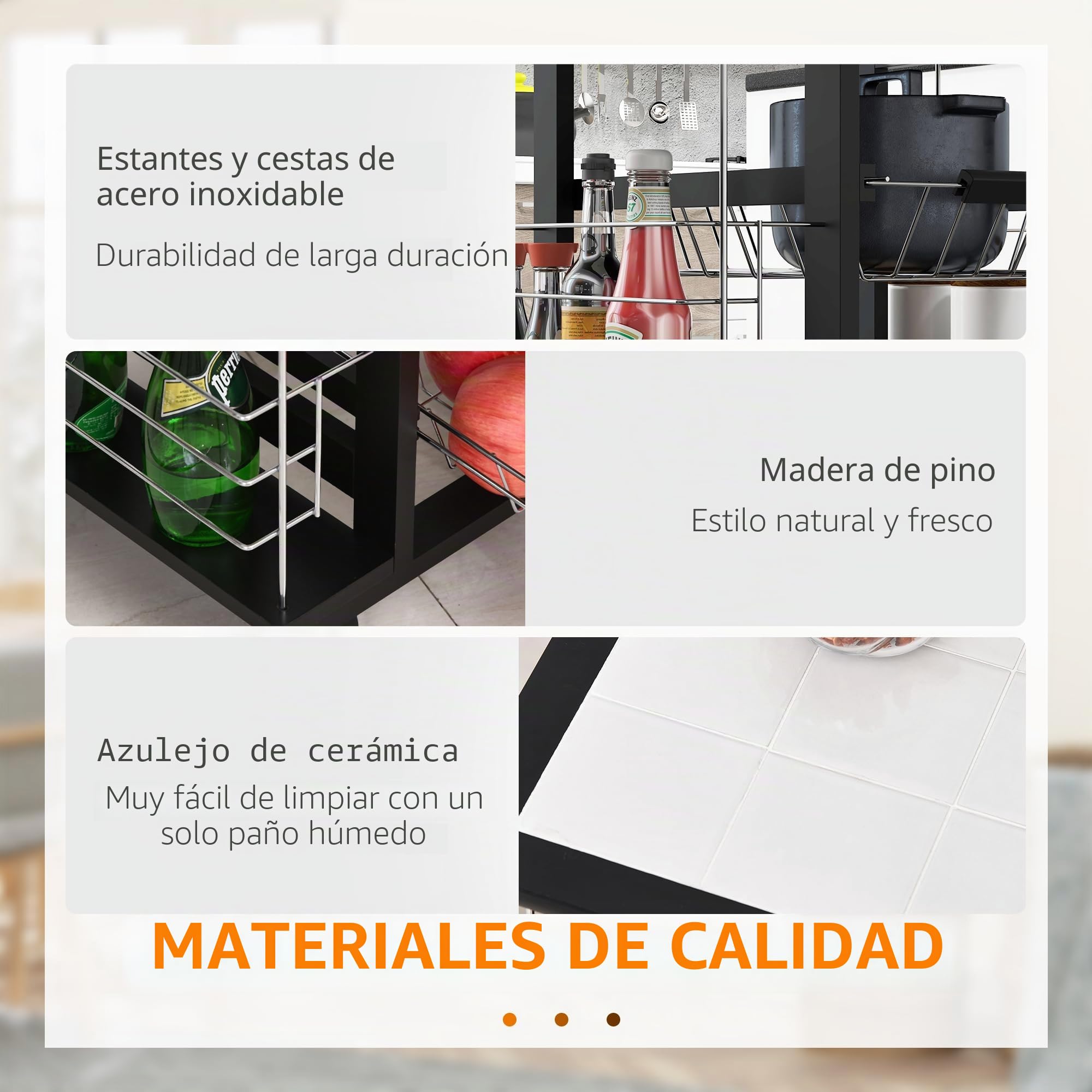 HOMCOM Carro de Servicio de Cocina con Ruedas, multialmacenamiento, 4 cestas de Metal cajón + 4 Botellas, Madera de Pino Negro, Bandeja de baldosas, Color Blanco