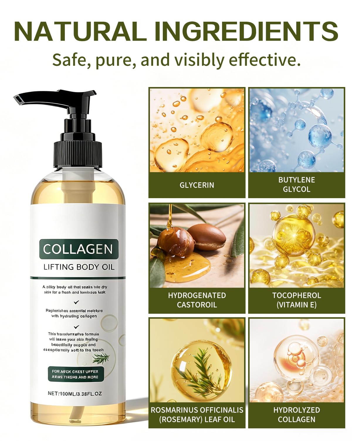 Lot de 2 huile corporelle liftante au collagène (100ml), Romarin Huile Corps Hydratante, Anti Cellulite Anti-vergetures et Hydratant raffermissant body oil pour Ventre, Jambes, Bras et Cou
