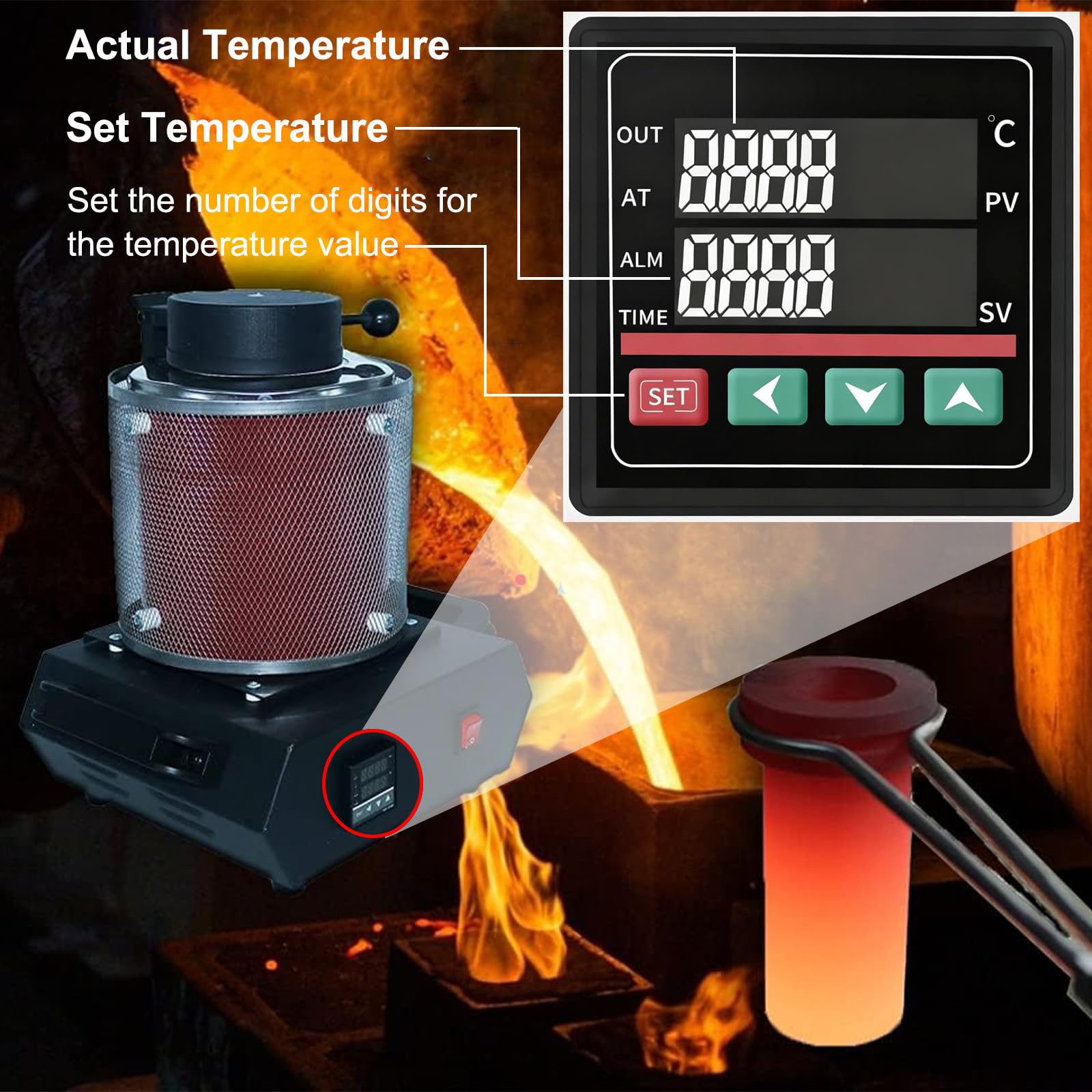 Forno per Fusione Dell'oro - capacità 1 kg/2 kg/3 kg, Kit per Forno Elettrico per Fonderia di Metalli da 1750W Fino a 1150℃, per Fusione di Rottami, Oro, Argento, Rame, Alluminio
