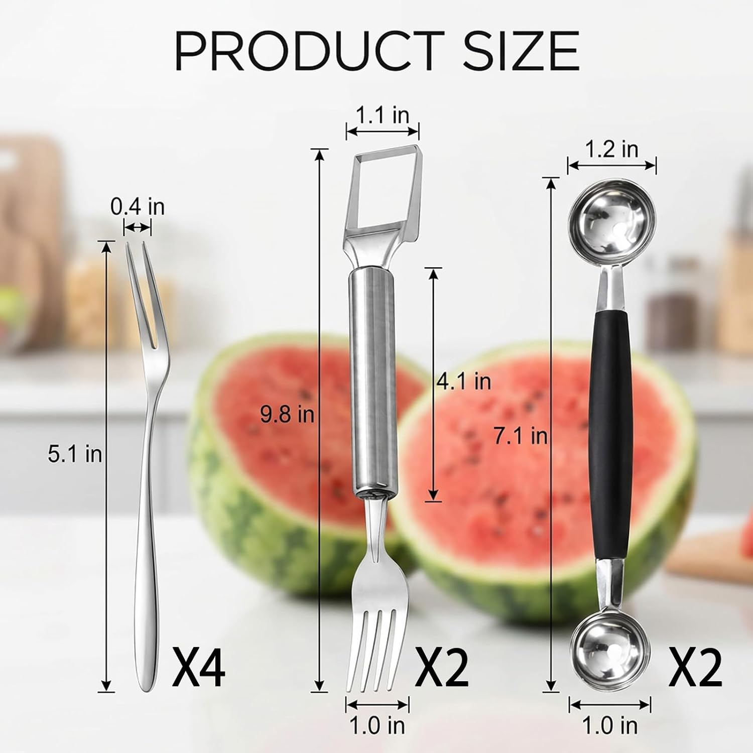 8PCS Melon Baller Scoop Set, Watermelon Slicer Cutter Tool with Fruit Fork, Stainless Steel Kitchen Utensil Set for Fruit Preparation, Includes 4 Fruit Forks and 4 Watermelon Slicers