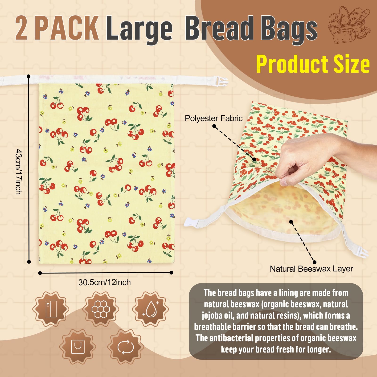 2 Pcs Sacs a Pain Tissu Réutilisables en Polyester avec Doublure en Cire d'abeille Sac à Pain pour Conserver le Pains Beeswax Bread Bag Conservation Croissant Baguette Fruits Légumes-43*30cm(Cerises)