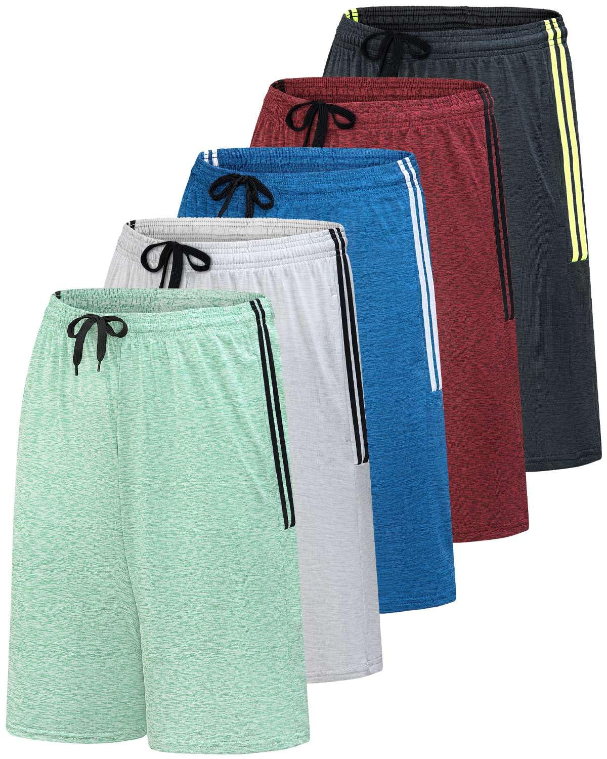 Real EssentialsMen’s 5 Pack: 9" Dry-Fit Shorts – Athletic Gym, Workout, Basketball, Running, Casual Lounge Active Pockets