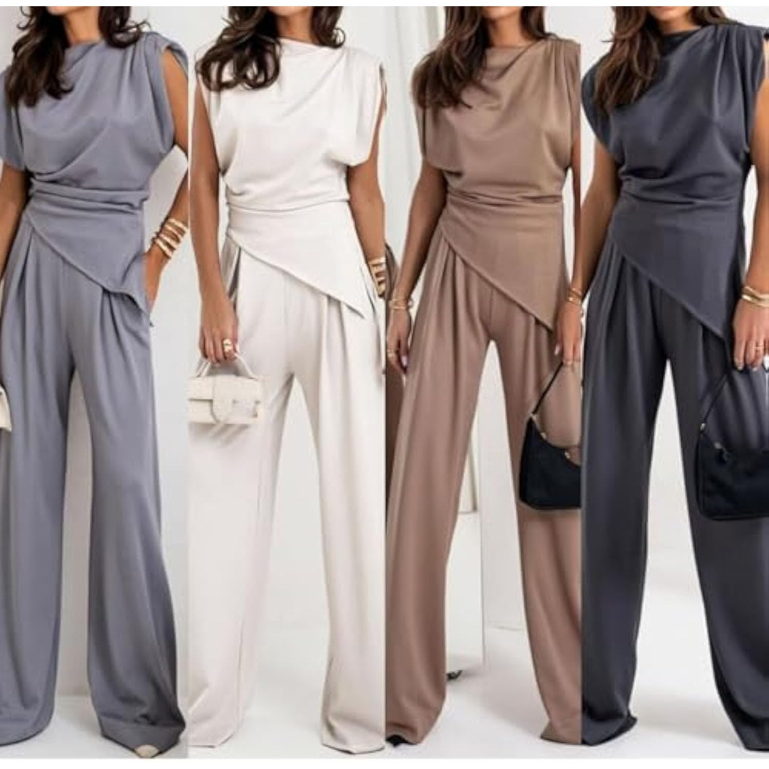 Costume décontracté à col rond et manches plissées pour femme, couleur unie, col ras du cou irrégulier, pantalon large avec poche