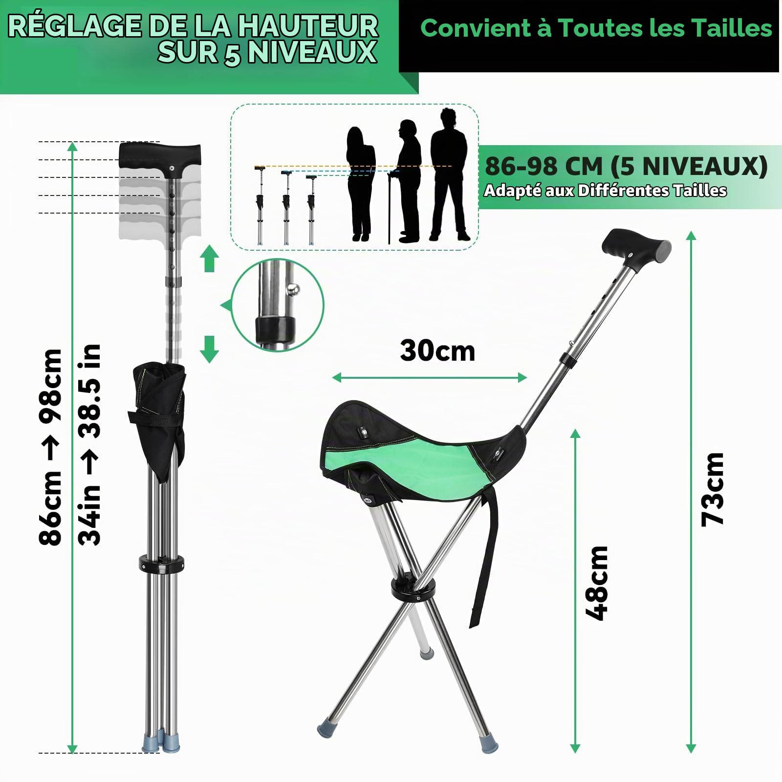 Canne de Marche avec Siège Pliable, Canne Siège Pliante, Hauteur Réglable | Bâton de Marche 2 en 1 avec Siège Pliable, Charge 150kg, Légère et Réglable, Idéale Randonnée, Camping, Voyage, Extérieures