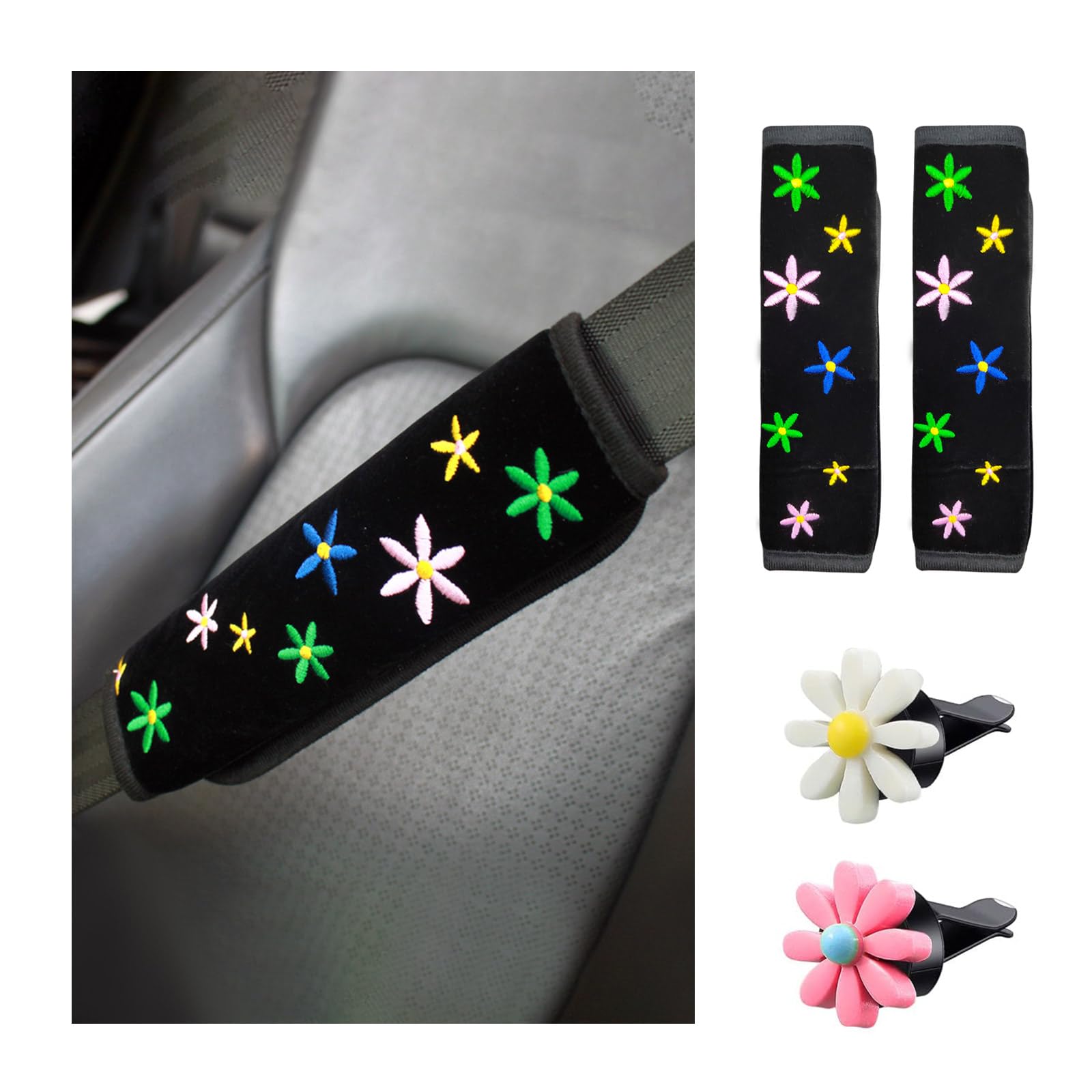 Augeny Cute Flower Seat Belt Cover Pad, Embroidery Cute Flower Car Accessories Set with 2 Air Vent Clip Flowers, Universal Automotive Interior Decorations for Women Girls