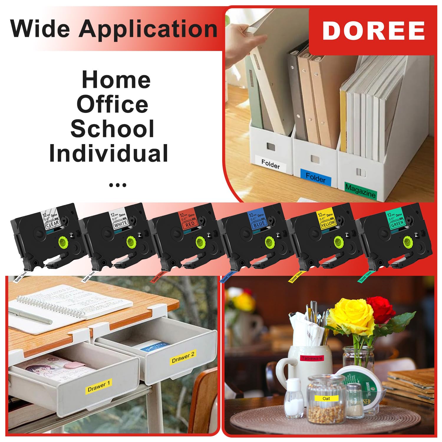 DOREE Confezione da 6 nastri Tze compatibili con Tze131, Tze231, TZe431, Tz531, Tz631, Tz731, 12 mm di larghezza, trasparente, bianco, rosso, blu, giallo, verde, per P-touch 1010, PT-H100LB, H100R