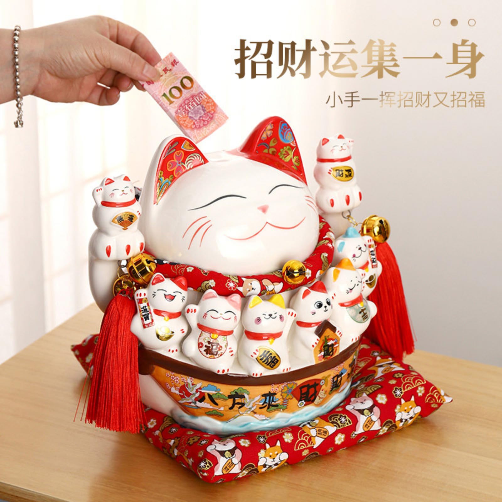 Maneki Neko japonés de cerámica blanca de 24 cm, estatua de gato de la suerte para decoración del hogar