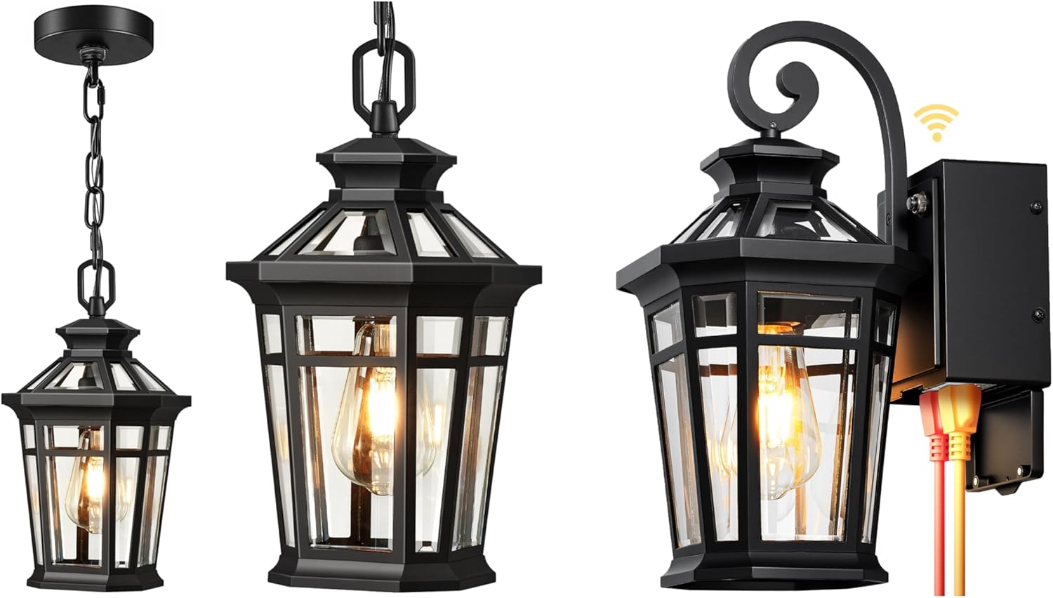 OPAIXS Black 1-Pack Outdoor Pendant Lights for Porch, Black Pendant Light Fixtures with Adjustable Chain, 1-Pack Porch Light with GFCI Outlet, Dawn to Dusk Outdoor Light Fixture with Outlet, E26