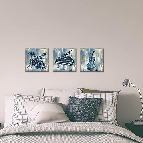 Vista 2 de KLVOS Arte de pared musical para dormitorio, instrumento musical, piano, guitarra, batería, impresiones en lienzo estiradas con temática musical
