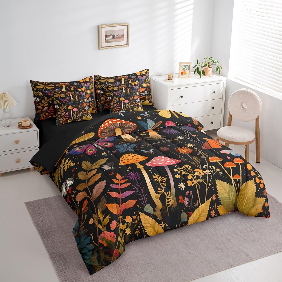 Feelyou Mushroom 7 Pieces Bedding Set Queen Size Boho Comforter Set with Sheets for Kids Boys Girls Death Moth Bed in a Bag Flowers and Plants Bed Set
