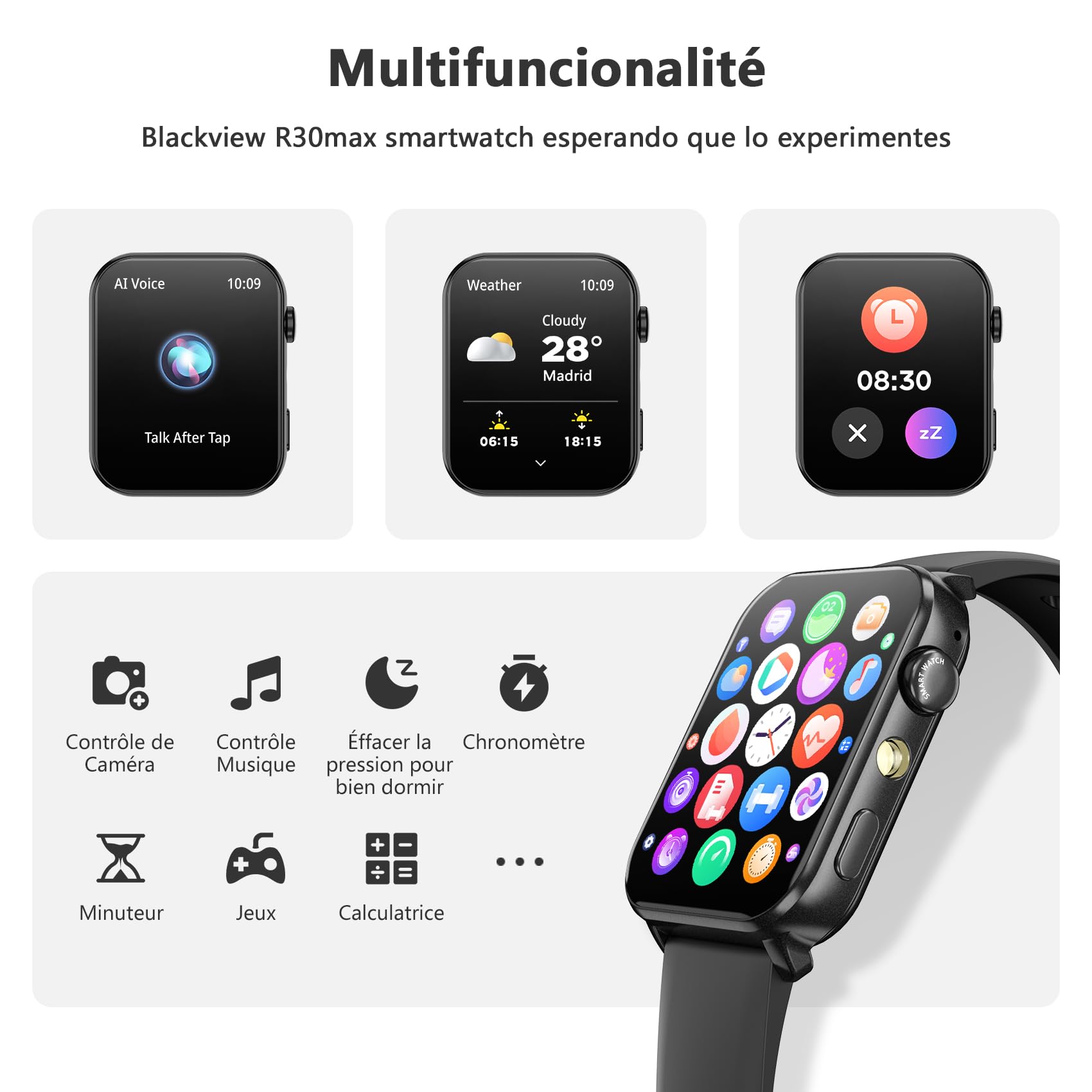 Blackview Montre Connectée Femme Homme, Torche Intégrée, Appel Bluetooth Podomètre Cardiofréquencemètre Oxymètre, Étanchéité IP68, Cycle Menstruel, Analyse du Sommeil, pour Android et iOS (Noire)