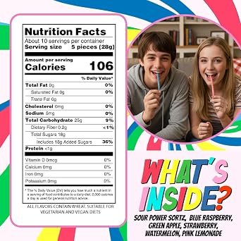 Sour Power Assorted Candy Straws, 1.75 oz (Pack of 6) Variety, Six Flavors Sour Straws Since 1985, Strawberry Green Apple Watermelon Rainbow Blue Raspberry, Vegan Soft Chewy, Non-GMO Gelatin Free