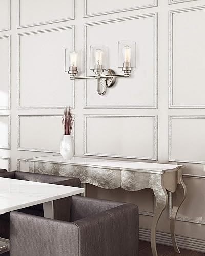 Miniatura 7 de Lámparas de tocador de baño de 3 luces, iluminación de baño de níquel cepillado con pantalla de vidrio transparente, accesorios de iluminación de