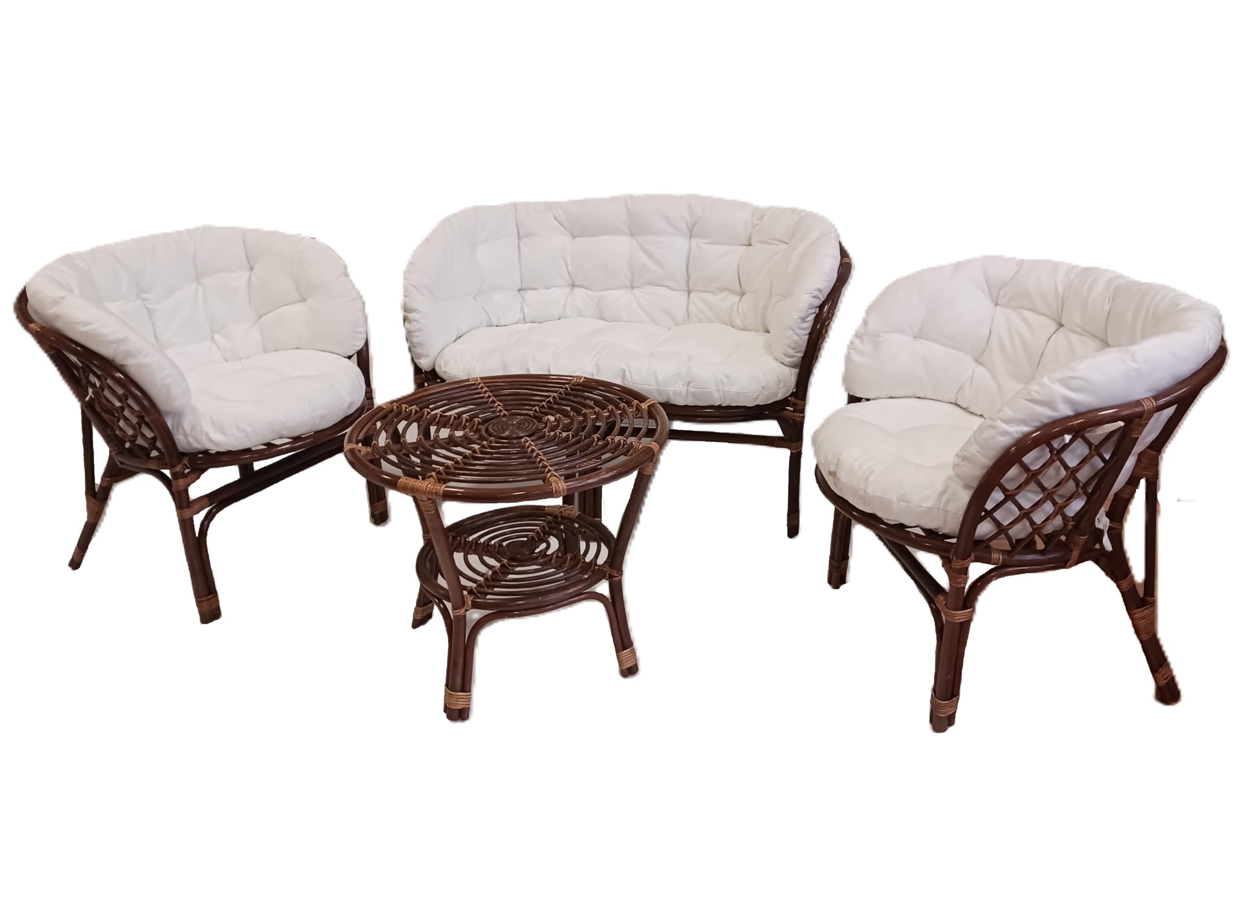 SALOTTO set VIMINI RATTAN naturale NOCE 2 POLTRONE 1 DIVANO 1 TAVOLO CASA E GIARDINO COMPLETO DI CUSCINI CON LACCETTI non in kit di montaggio spedito su bancale